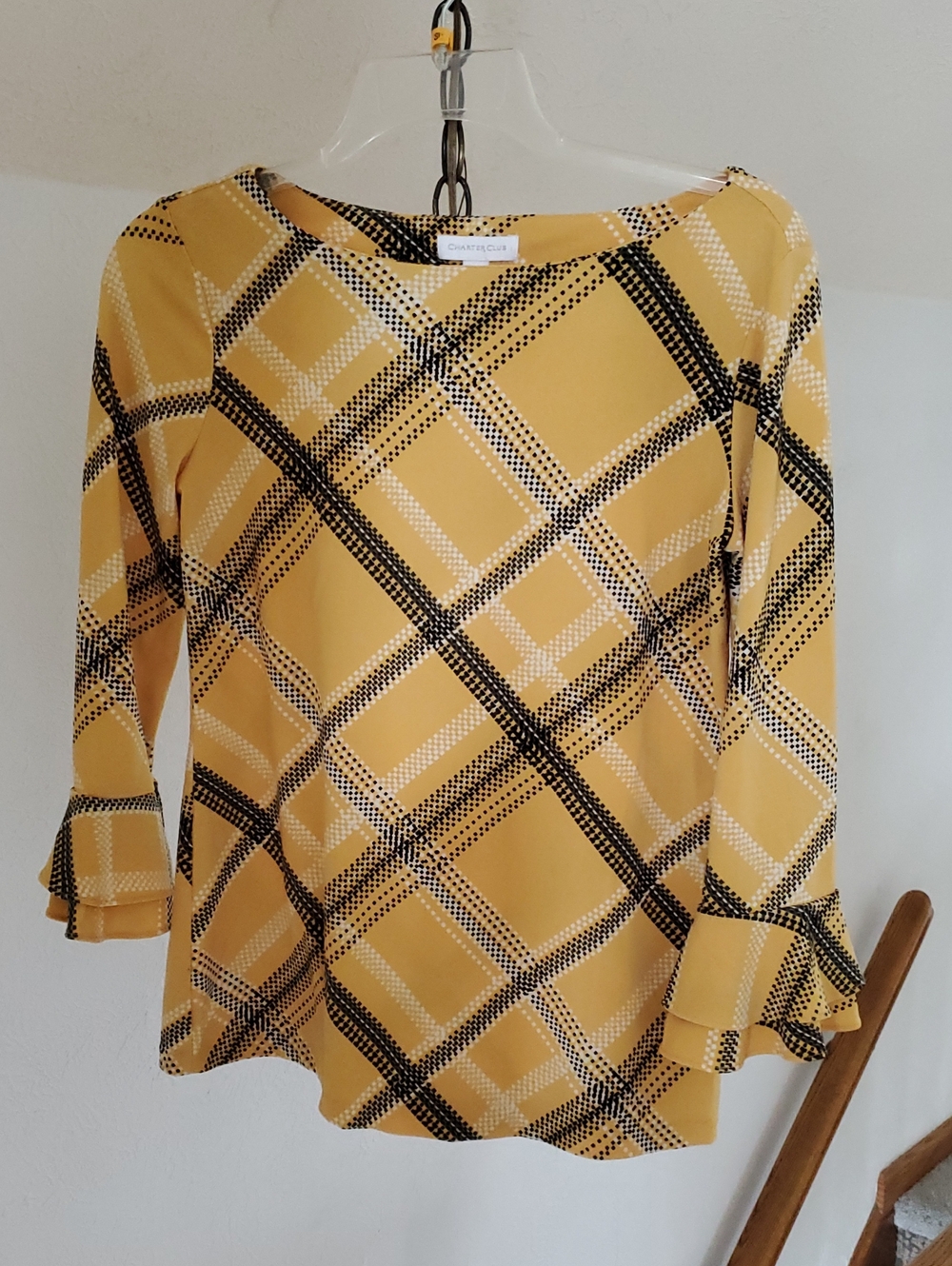 Charter Club Mustard Yellow Plaid Ruffle-Cuff Women's Blouse